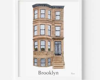 May include: Watercolor painting of a Brooklyn brownstone building. The building is tan with black trim and windows. The front door is black with a decorative design. The word "Brooklyn" is written in black at the bottom.