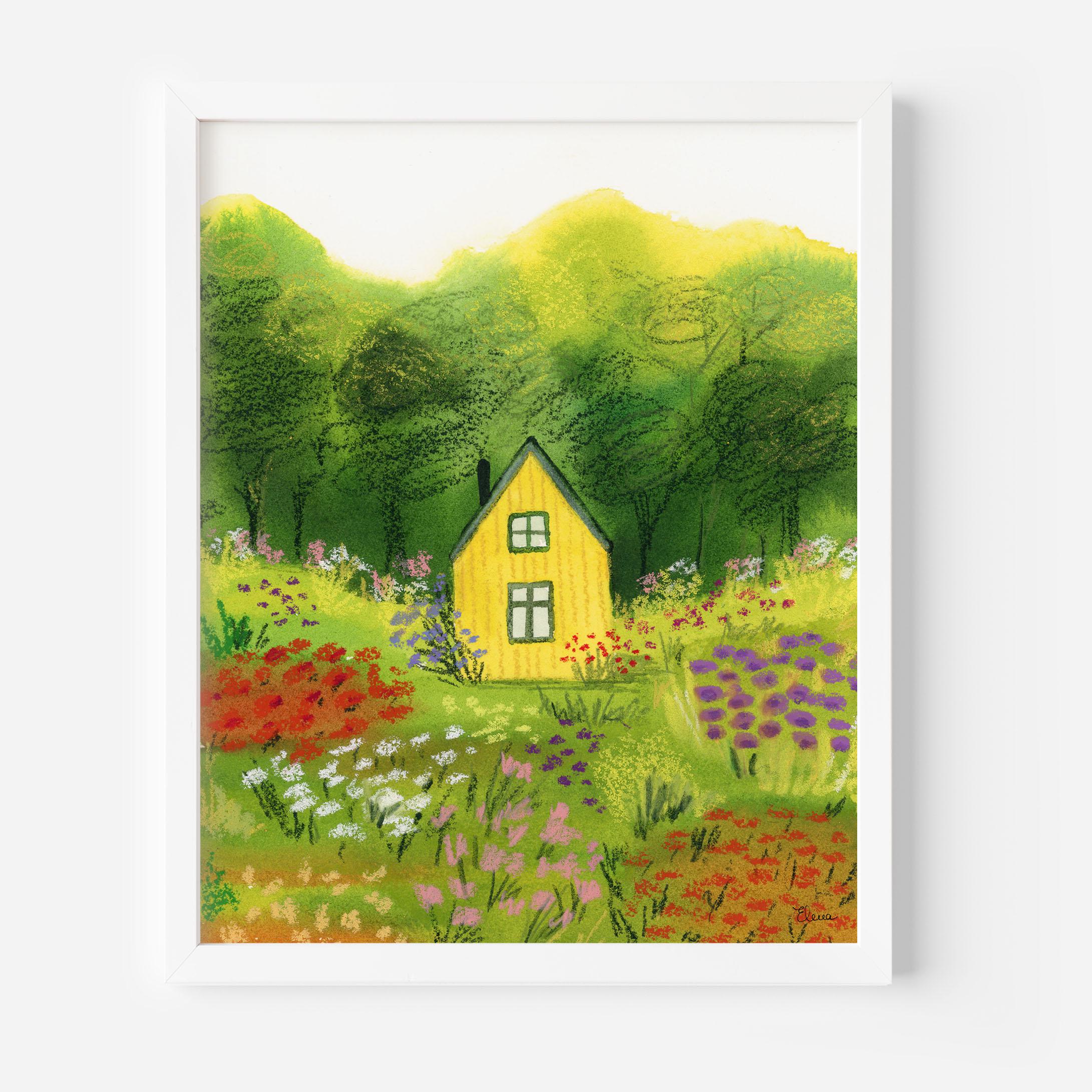 Spring Cottage Wall Art Print – Floral Landscape Decor, Yellow House ...
