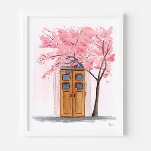 Cherry Blossom Tree Art Print: Spring Door Watercolor Illustration
