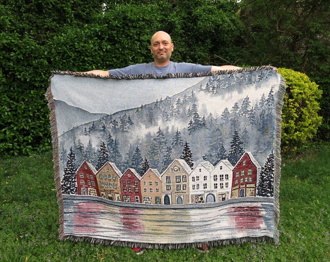Bergen Norway Woven Blanket from original art, Scandinavian Wall Tapestry, Cottagecore Decor, Cozy Throw Blanket, New home gift