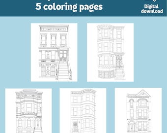 5 Coloring pages of Brooklyn brownstones | Printable New York City Coloring sheets for Adult and Kids | Instant PDF download | NYC houses
