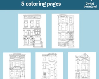 5 Malvorlagen von Brooklyn Brownstones | Ausdruckbare Malvorlagen für New York City für Erwachsene und Kinder | Sofortiger PDF-Download | NYC-Häuser