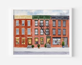 Village Art Print: New York City Watercolor Painting | Brownstone Townhouses, NYC Home Decor | NYC Wall Art