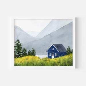 Norwegian Landscape Art Print | Watercolor Blue House, Mountains and Spring Flowers in Norway | Nordic Wall Decor | Art Gift for home