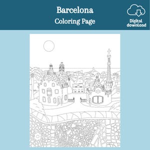May include: Black and white line drawing of the Barcelona skyline, featuring the Sagrada Familia, Park Güell, and other iconic landmarks. This coloring page is perfect for adults and children who love to color.