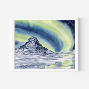 Iceland Watercolor Art Print | Northern lights and Church Mountain | Icelandic Home Decor | Northern Lights WallArt | Kirkjufell Mountain
