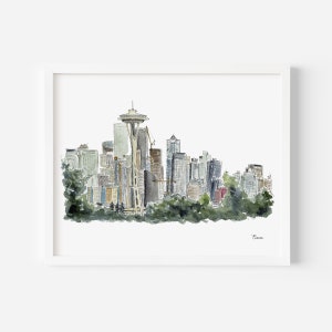 Seattle Art Print | Pacific Northwest Wall Art | Seattle Skyline Poster | Space Needle Watercolor Painting | Home gift