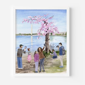 May include: A watercolor painting of a group of people taking photos in front of a cherry blossom tree. The Washington Monument is visible in the background. The people are wearing casual clothing and are smiling. The painting is done in a whimsical style.