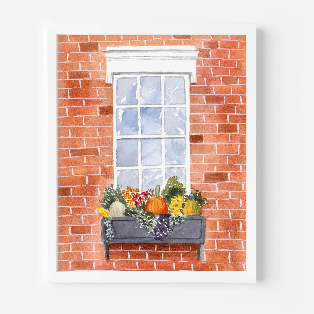 Fall Window Print Window With Fall Decorations Art Print | Brick House Watercolor ...