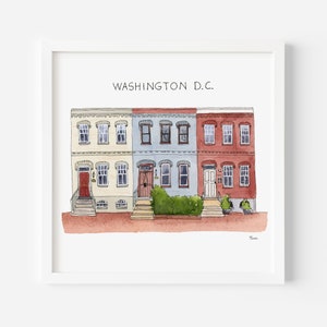 May include: Watercolor painting of three row houses in Washington D.C. The houses are painted in shades of yellow, blue, and red. Each house has a front door and windows. There is a small bush in front of each house.
