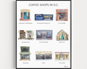 Coffee Shops in DC Art Print | Washington DC Poster | Watercolor Painting | Gift for coffee lovers