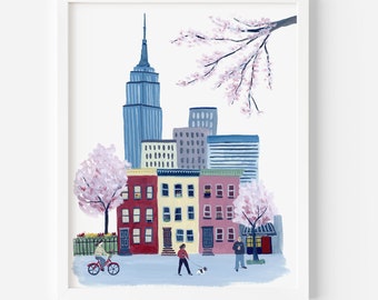 Spring in New York City Art Print | West Village Gouache Painting | NYC Travel Wall Art | Manhattan Poster | Gift for home
