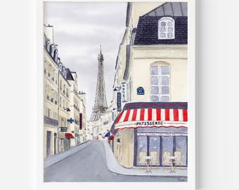 Eiffel Tower Wall Print – Watercolor Paris Scene, French Patisserie Decor