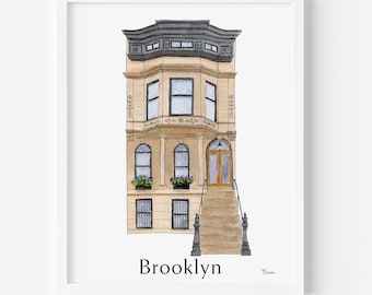 May include: A watercolor illustration of a brown brick townhouse with a black roof and white trim. The house has a brown door and a set of stairs leading up to it. The house is surrounded by green plants and flowers. The text "Brooklyn" is written below the house.