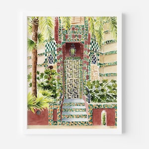 May include: Watercolor painting of a building entrance with a patterned door and steps. The facade features colorful tiles in green, orange, and brown. Palm trees and lush greenery frame the entrance, creating a vibrant, artistic scene.