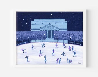 Ice Rink at the Sculpture Garden in Washington DC Art Print | Ice Rink Wall Art | Snowy Winter Illustration | Gouache Painting
