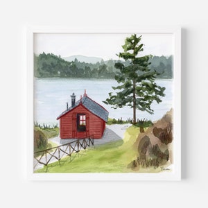Norwegian house Art Print | Hut in Bergen | Watercolor Painting | Scandinavian Landscape | Gift for home