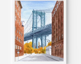 Manhattan Bridge Wall Art Print | Dumbo Brooklyn NYC Watercolor Decor | New York Travel Gift, Housewarming gift, NYC apartment , Handmade