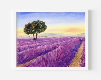 Lavender Field Watercolor Art Print, Purple Floral Wall Decor, Provence Style Nature Artwork, Housewarming Gift
