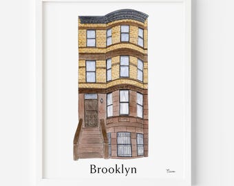 May include: Watercolor print of a Brooklyn brownstone building. The building has a brick facade with multiple windows and a dark roof. The word "Brooklyn" is printed at the bottom of the image.