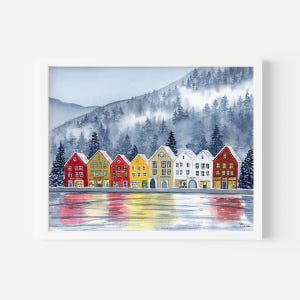 Bryggen Bergen Art Print | Norwegian Landscape Watercolor Painting | Norway Wall Decor | Gift for home | Scandinavian Wall Art from Original