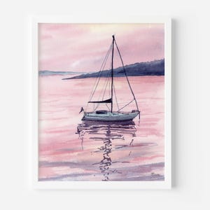 Nautical Wall Art, Boat at Sunset Giclee Print | Coastal Wall Decor | Watercolor ocean painting