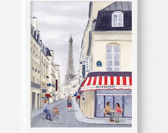 Eiffel Tower Café Paris Wall Art Print | Watercolor French Street Scene | Romantic Home Decor Gift