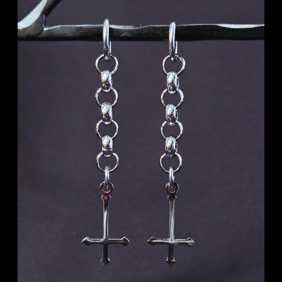 Inverted Cross Rolo Chain Dangle Drop Earrings - Etsy