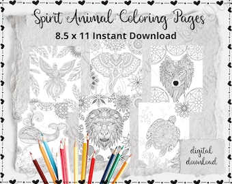 May include: A collection of black and white spirit animal coloring pages. The pages feature detailed illustrations of a phoenix, elephant, wolf, whale, lion, and turtle. The text "Spirit Animal Coloring Pages" and "8.5 x 11 Instant Download" are visible.