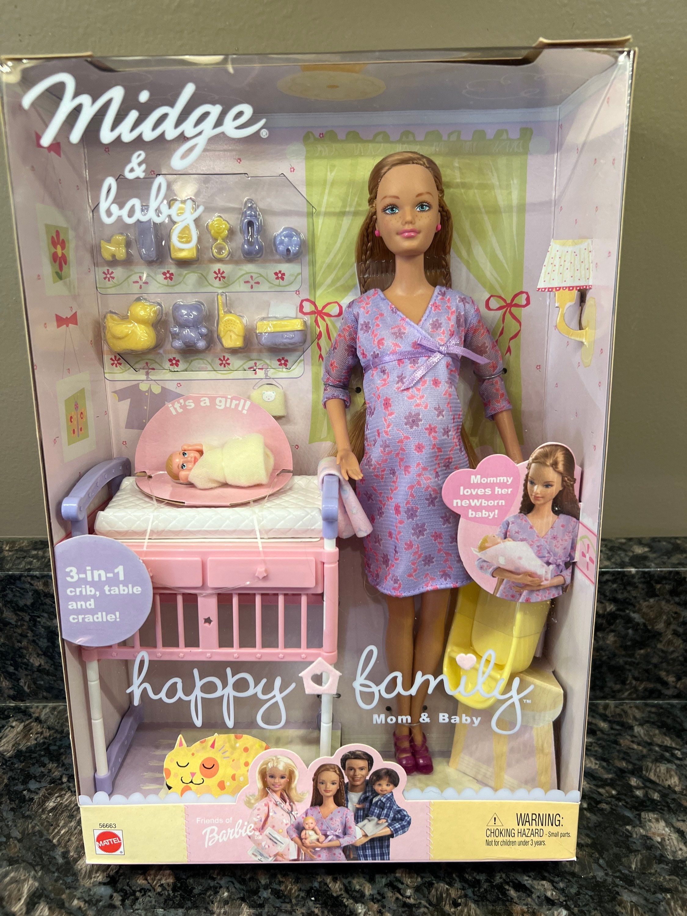 Barbie Happy Family Pregnant Mom Midge Doll Set - Dad, Girl, and Baby Toys  for