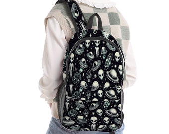 Aliens And Flying Saucers In Outer Space Pattern All Over Print Backpack Travel Backpack 17.3" x 10.2" x 5.9"