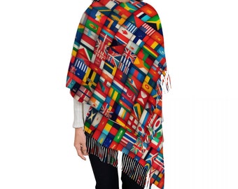 All The Countries Flag Pattern Tassel Scarf Neckerchief for Women 28.35" x 77.56"