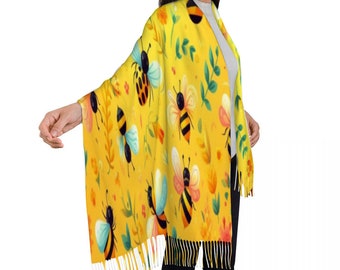 Yellow Gradient Bee Pattern Tassel Scarf Neckerchief for Women 28.35" x 77.56"