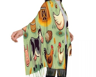 Various Animals On The Farm Pattern Tassel Scarf Neckerchief for Women 28.35" x 77.56"