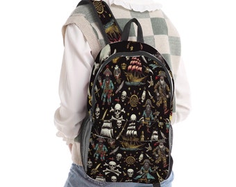 Pirates and Ships Pattern Black All Over Print Backpack Travel Backpack 17.3" x 10.2" x 5.9"