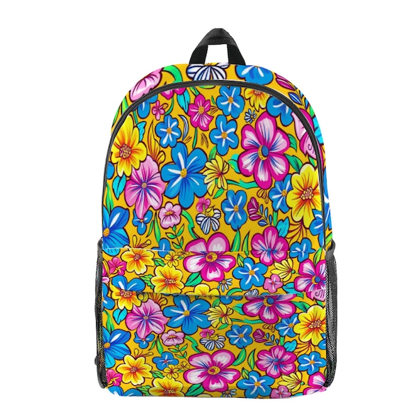 Beachy Vibes - Yellow, Blue, Pink Floral All Over Print Backpack Travel Backpack 17.3" x 10.2" x 5.9"