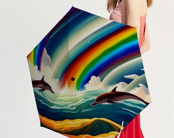 Umbrella - Dolphins Swimming In The Rainbow Hurricane - 5 Folding UV Protection Sunshine And Rain Versatile Umbrella