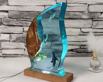 Ocean Themed Epoxy Night Light: Diver and Shark Table Lamp - resin diorama-Freediving Theme, Perfect Gift Idea