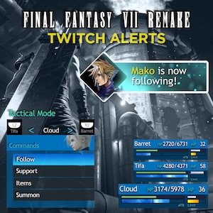 Puede incluir: Una pantalla de videojuego azul y negro que muestra los personajes Cloud, Tifa y Barret de Final Fantasy VII Remake. El texto "Mako is now following!" se muestra en un cuadro azul en la parte superior de la pantalla. El texto "Tactical Mode" se muestra en un cuadro azul en la parte inferior de la pantalla.