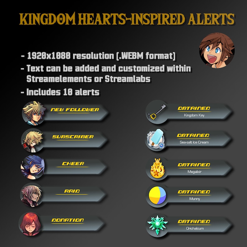 Twitch Stream Alerts - Kingdom Hearts Themed - Item Obtained - 10 Animated Alerts image 2