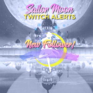 Peut inclure: Un graphique d'alerte Twitch sur le thème de Sailor Moon avec un croissant de lune rose et jaune et une silhouette de Sailor Moon dans une robe rose et violette. Le texte "New Follower!" est écrit en rose et jaune.