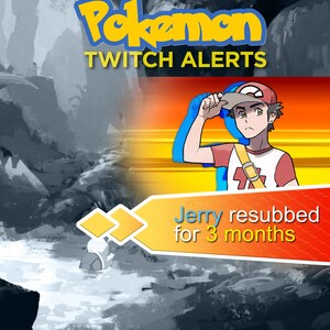 May include: A cartoon illustration of a Pokemon character wearing a red and white shirt and a red baseball cap. The character is holding their arm up in the air. The background is a yellow and orange gradient with the text "Pokemon Twitch Alerts" at the top. The text "Jerry resubbed for 3 months" is displayed in a yellow box at the bottom of the image.