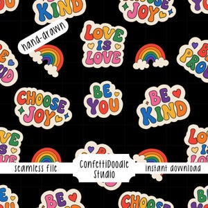 Pride Rainbow Retro Positiv Affirmation Sömlöst Mönster Handritat PNG Digitalt Papper Sublimering Tyg Yta Design Fil Nedladdning