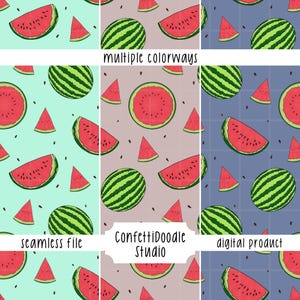 Könnte beinhalten: Digitales Produkt mit nahtlosen Wassermelonenmustern in verschiedenen Farben. Die Designs umfassen ganze Wassermelonen, Scheiben und Spalten. Der Text "multiple colorways", "seamless file", "ConfettiDoodle Studio" und "digital product" sind enthalten.
