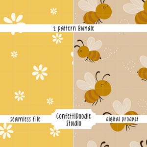 以下が含まれることがあります： 2つのデジタルシームレスパターン。1つは白いデイジーの花が付いた黄色のグリッドが特徴です。もう1つは、漫画の蜂と点線飛行経路を備えたタン色の背景です。「2 pattern Bundle」、「seamless file」、「ConfettiDoodle Studio」、および「digital product」と書かれています。