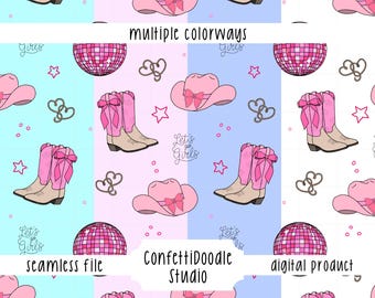 Diseño digital PNG sin costuras de vaquera disco rosa dibujado a mano para sublimación de papel y tela. Descarga del archivo.