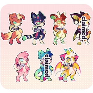 May include: Seven stylized anthropomorphic creature stickers arranged in two rows. Each character features vibrant colors, large eyes, and unique markings. Some stickers display the text Acid Unsold, while two stickers are marked with the word claimed.