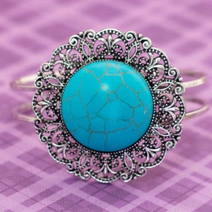 Vintage Art Nouveau Art Nouveau Floral Circle Blue Bead Hinged Bangle 7 1/2 inch - BX9