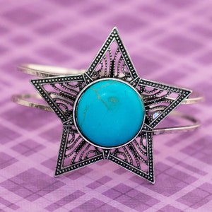 Vintage Geometric Silver Tone Star Blue Circle Hinged Bangle 7 1/2 inch - BX9