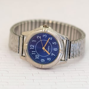 8 inch, Vintage Blue Face Silver Tone Watch - V21